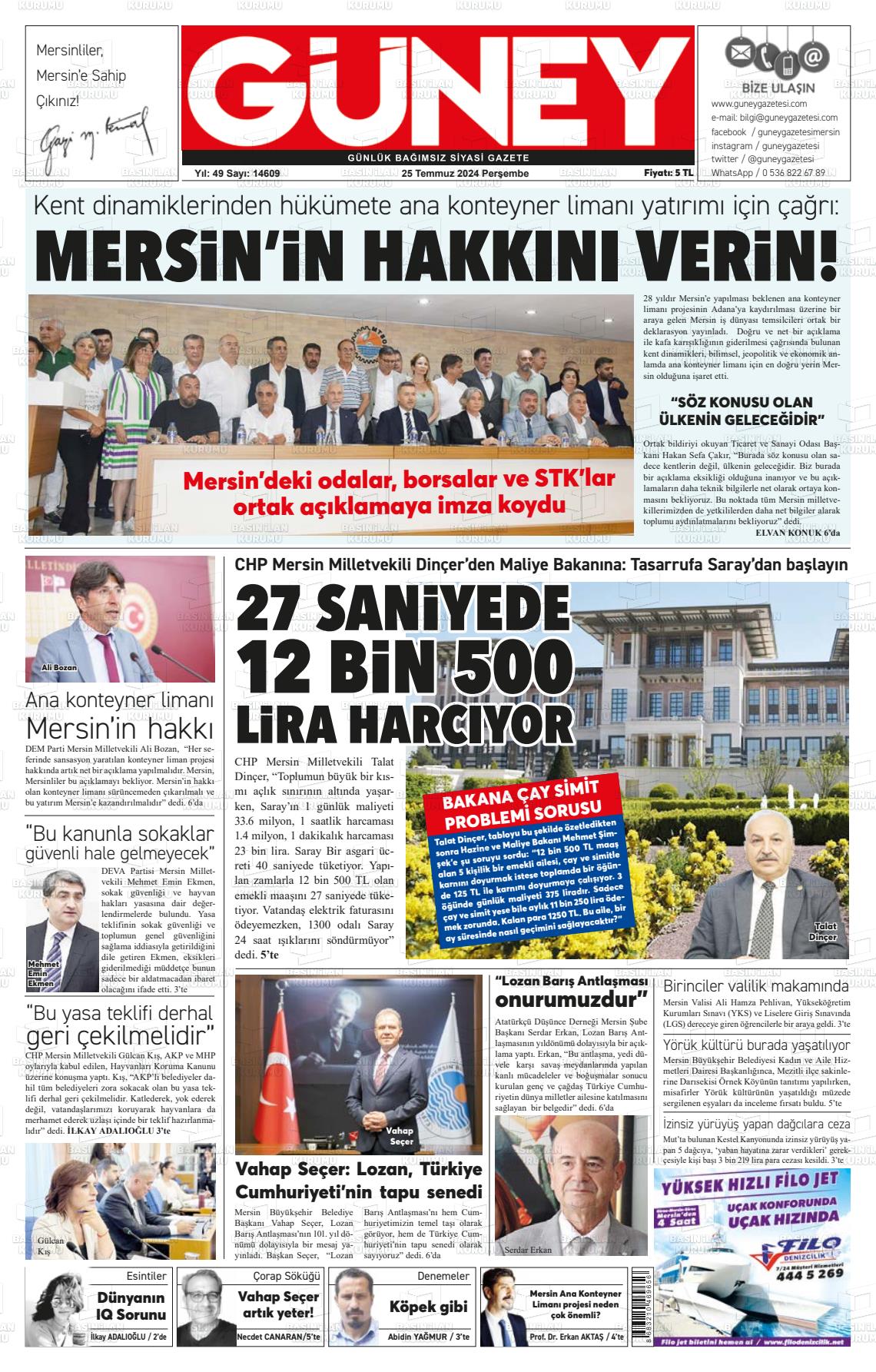 25 Temmuz 2024 Mersin Güney Gazete Manşeti