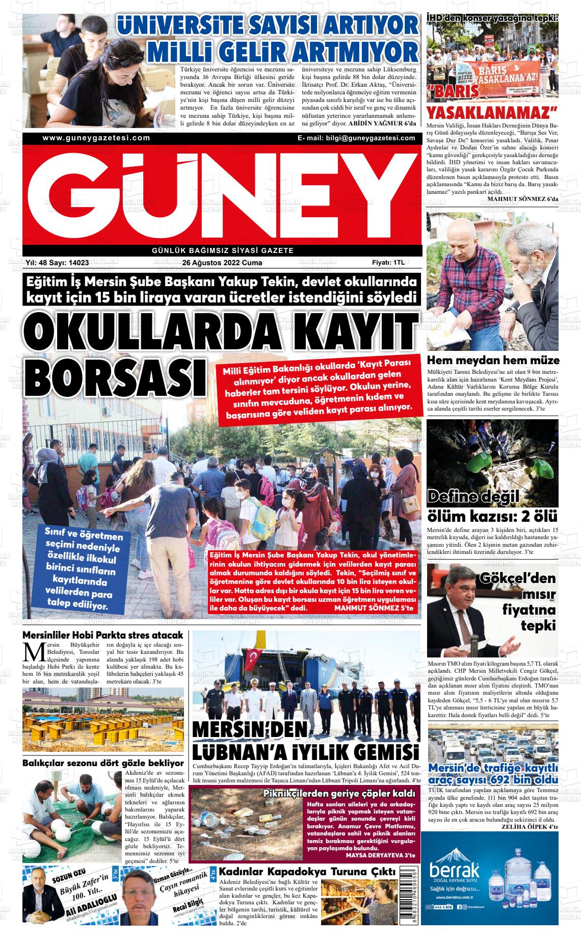 26 Ağustos 2022 Mersin Güney Gazete Manşeti