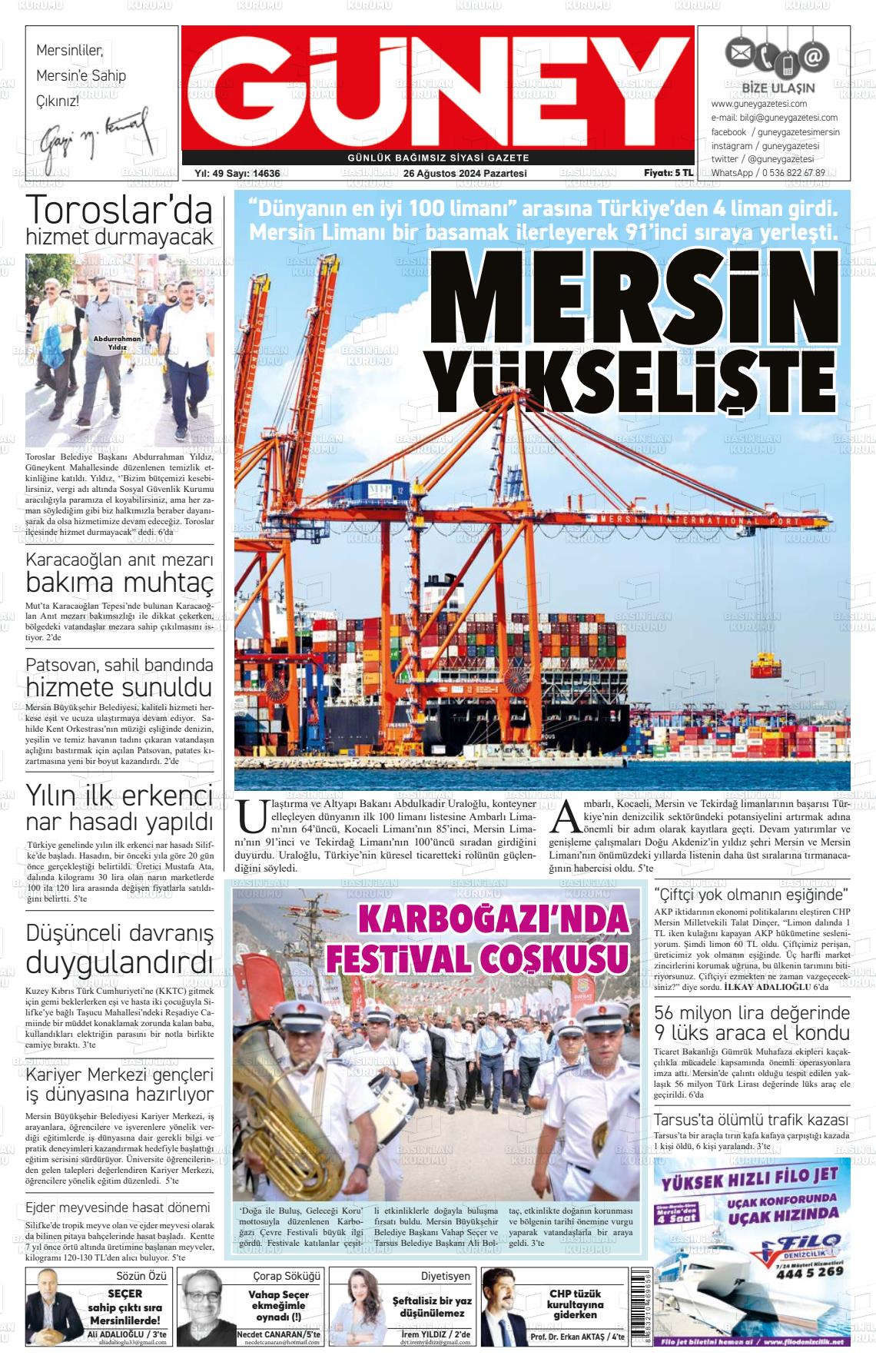 26 Ağustos 2024 Mersin Güney Gazete Manşeti