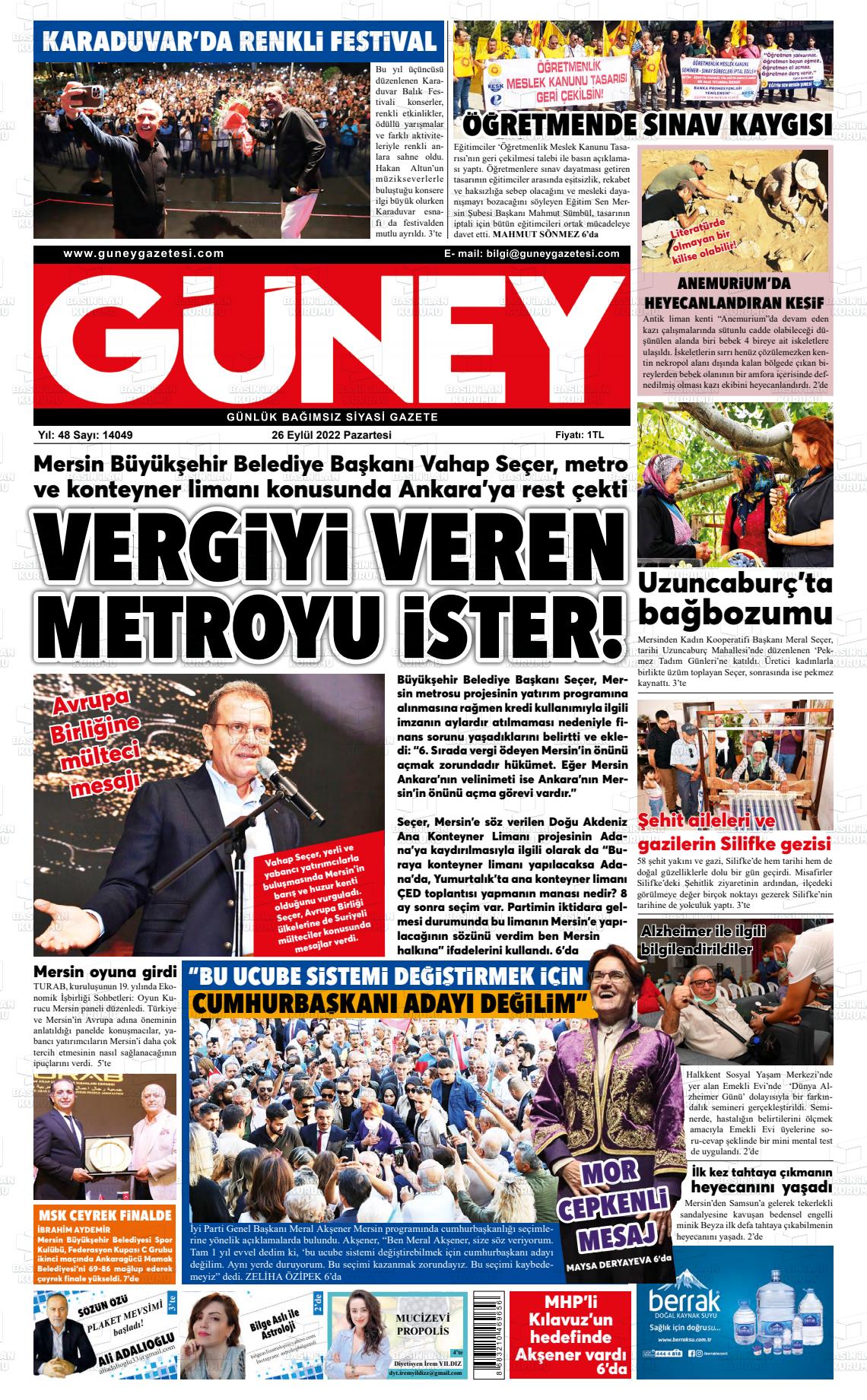 26 Eylül 2022 Mersin Güney Gazete Manşeti