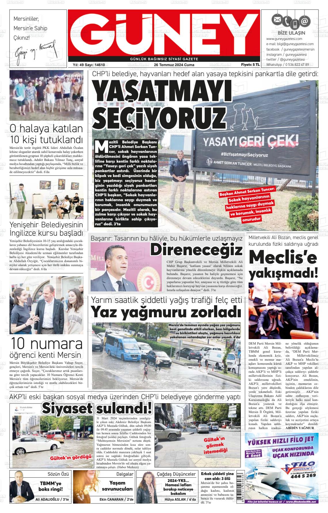 27 Temmuz 2024 Mersin Güney Gazete Manşeti