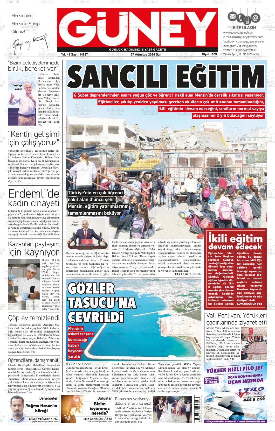 27 Ağustos 2024 Mersin Güney Gazete Manşeti