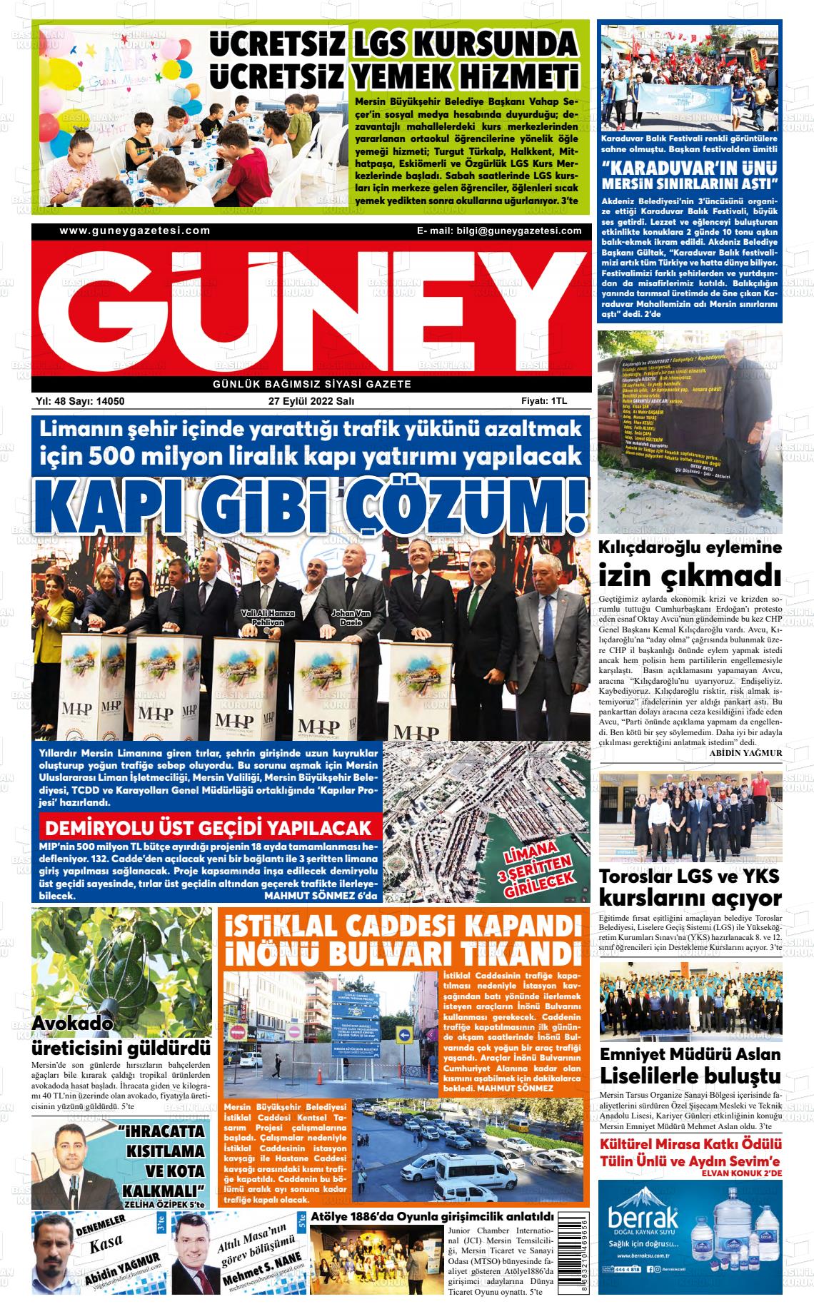 27 Eylül 2022 Mersin Güney Gazete Manşeti