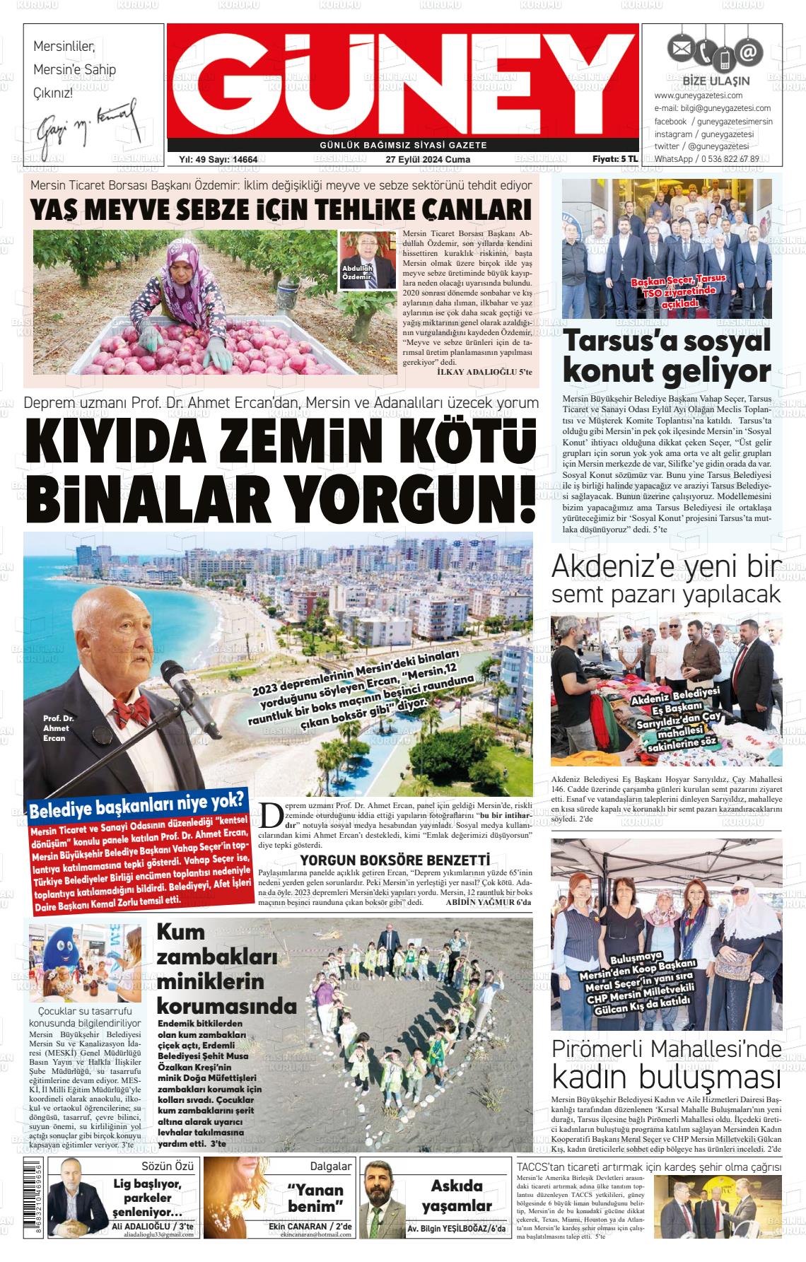 27 Eylül 2024 Mersin Güney Gazete Manşeti