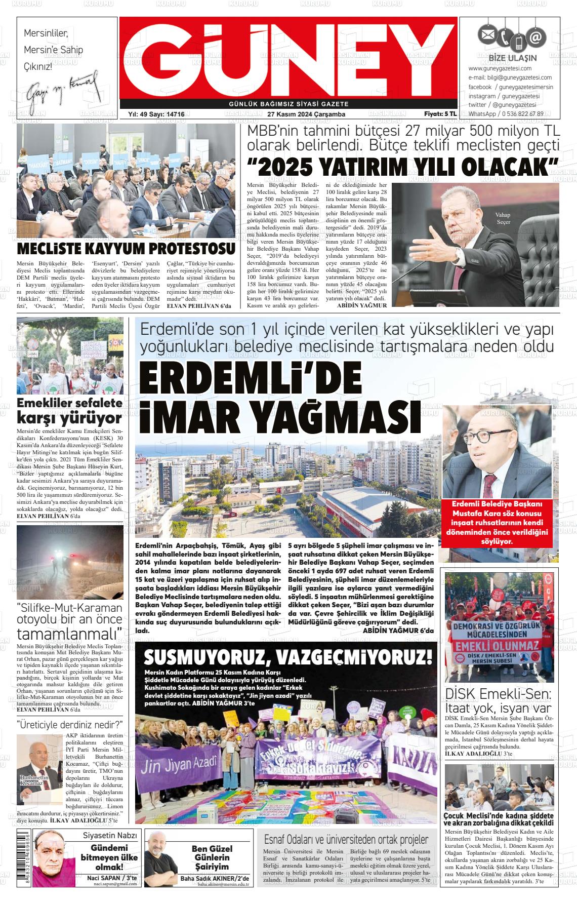 27 Kasım 2024 Mersin Güney Gazete Manşeti