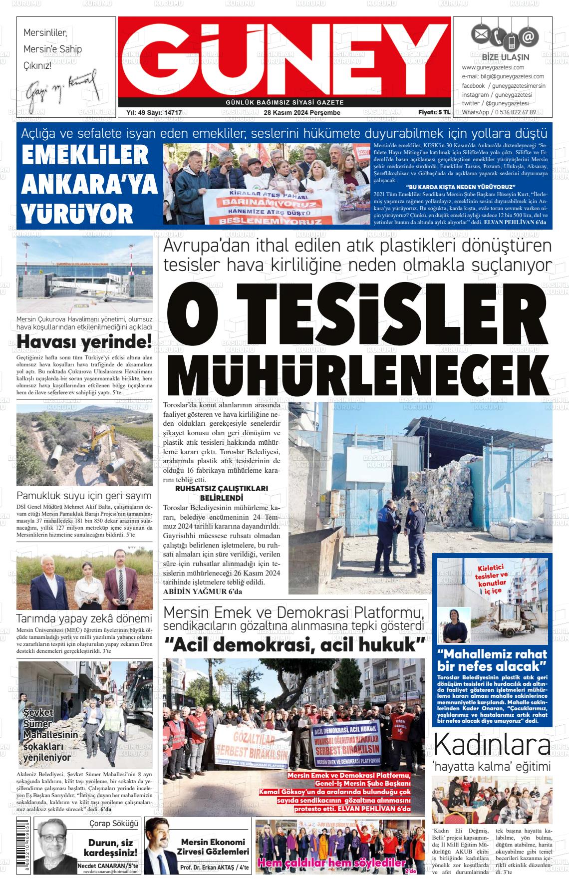 09 Aralık 2024 Mersin Güney Gazete Manşeti