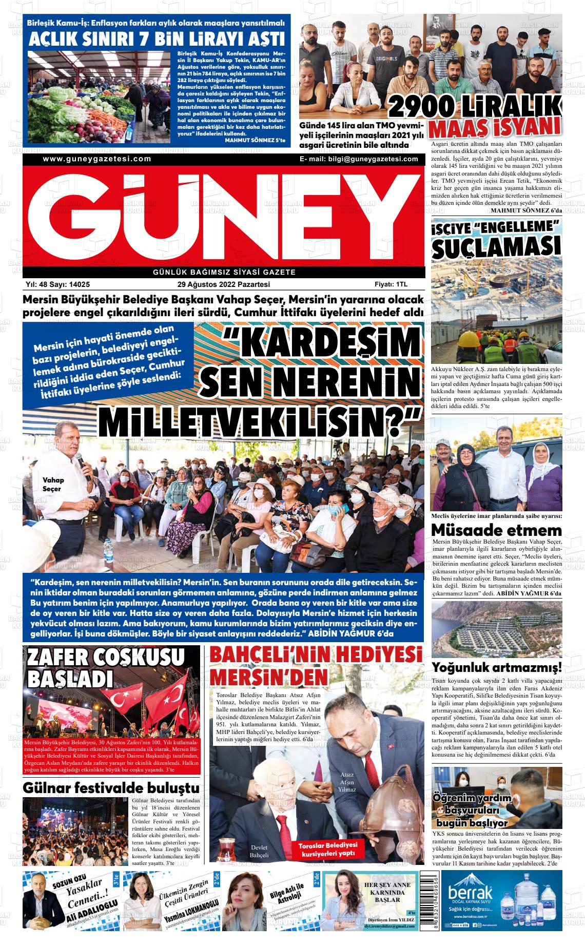 29 Ağustos 2022 Mersin Güney Gazete Manşeti