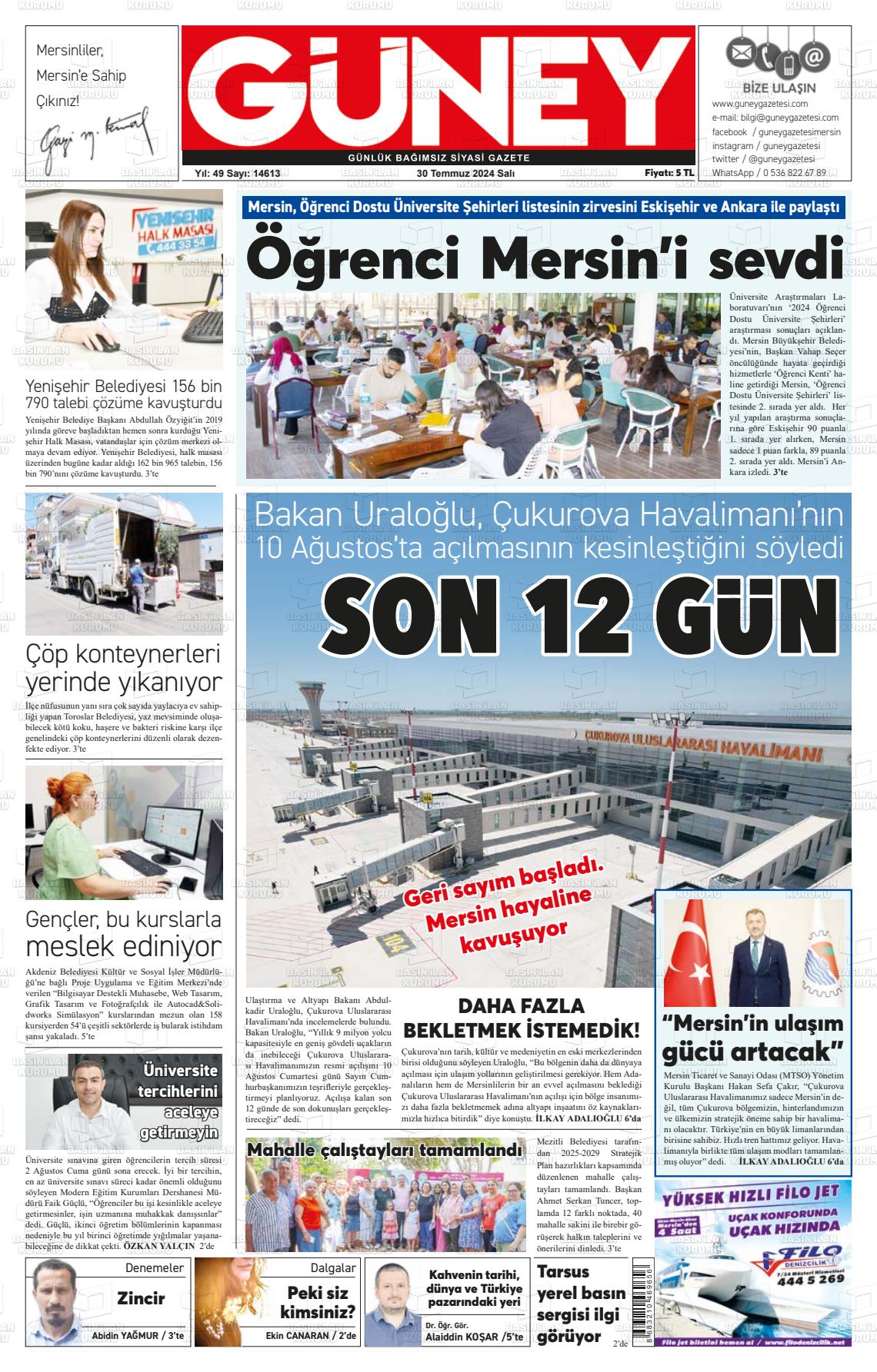 30 Temmuz 2024 Mersin Güney Gazete Manşeti