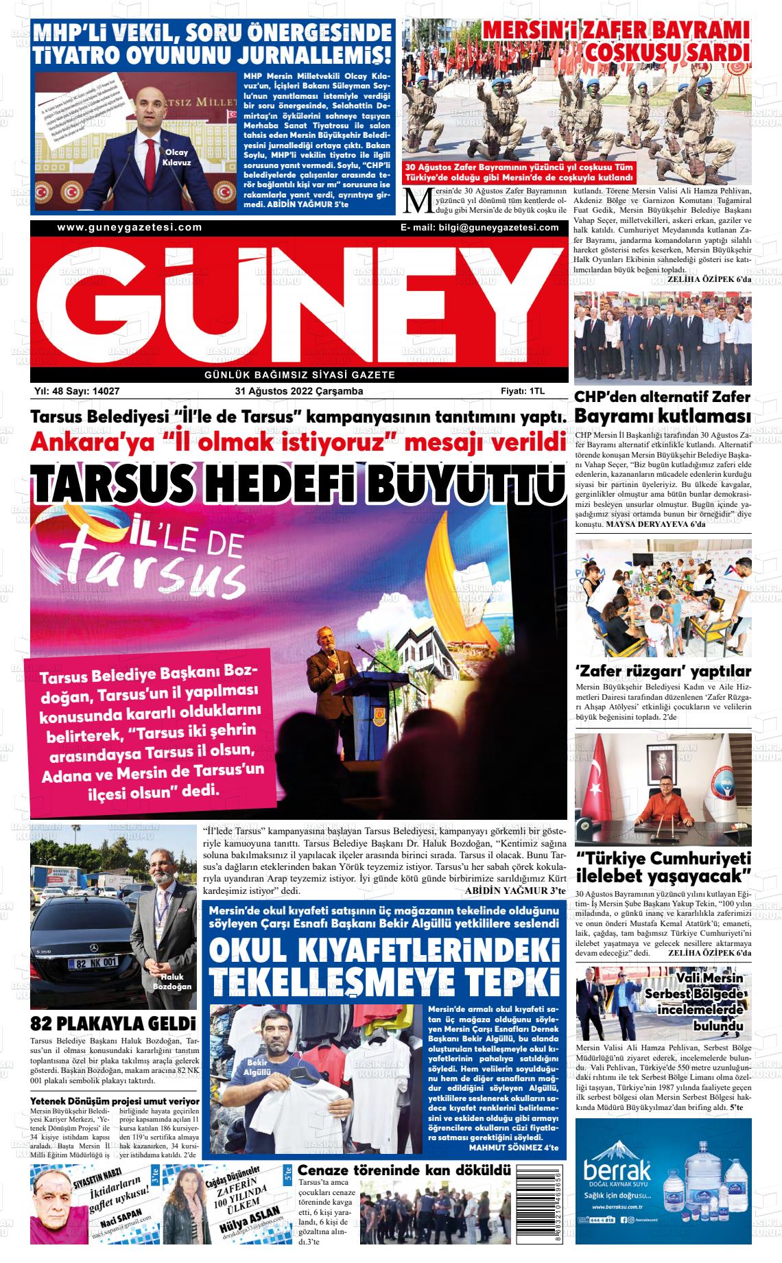 31 Ağustos 2022 Mersin Güney Gazete Manşeti