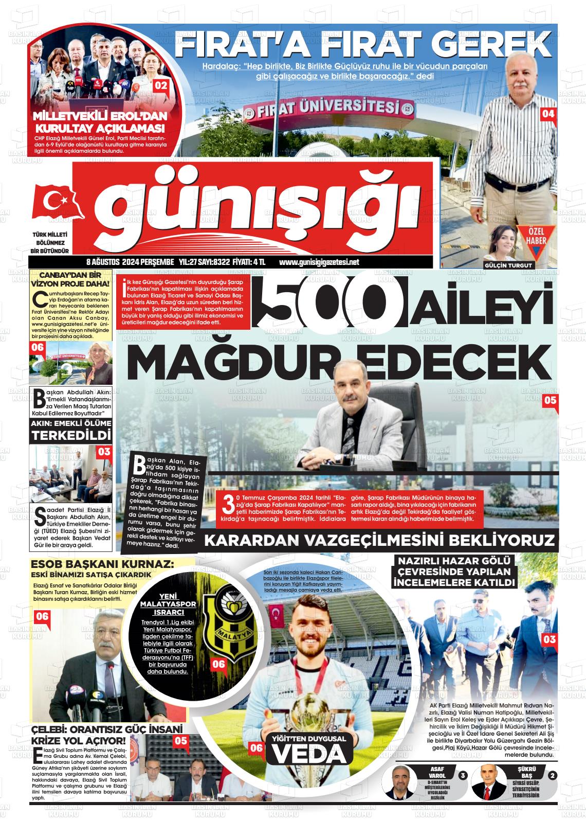 08 Ağustos 2024 Gün Işığı Gazete Manşeti