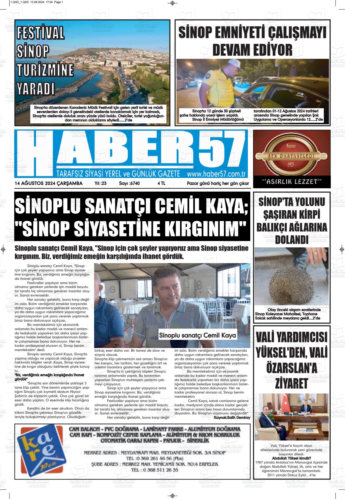 14 Ağustos 2024 Haber 57 Gazete Manşeti