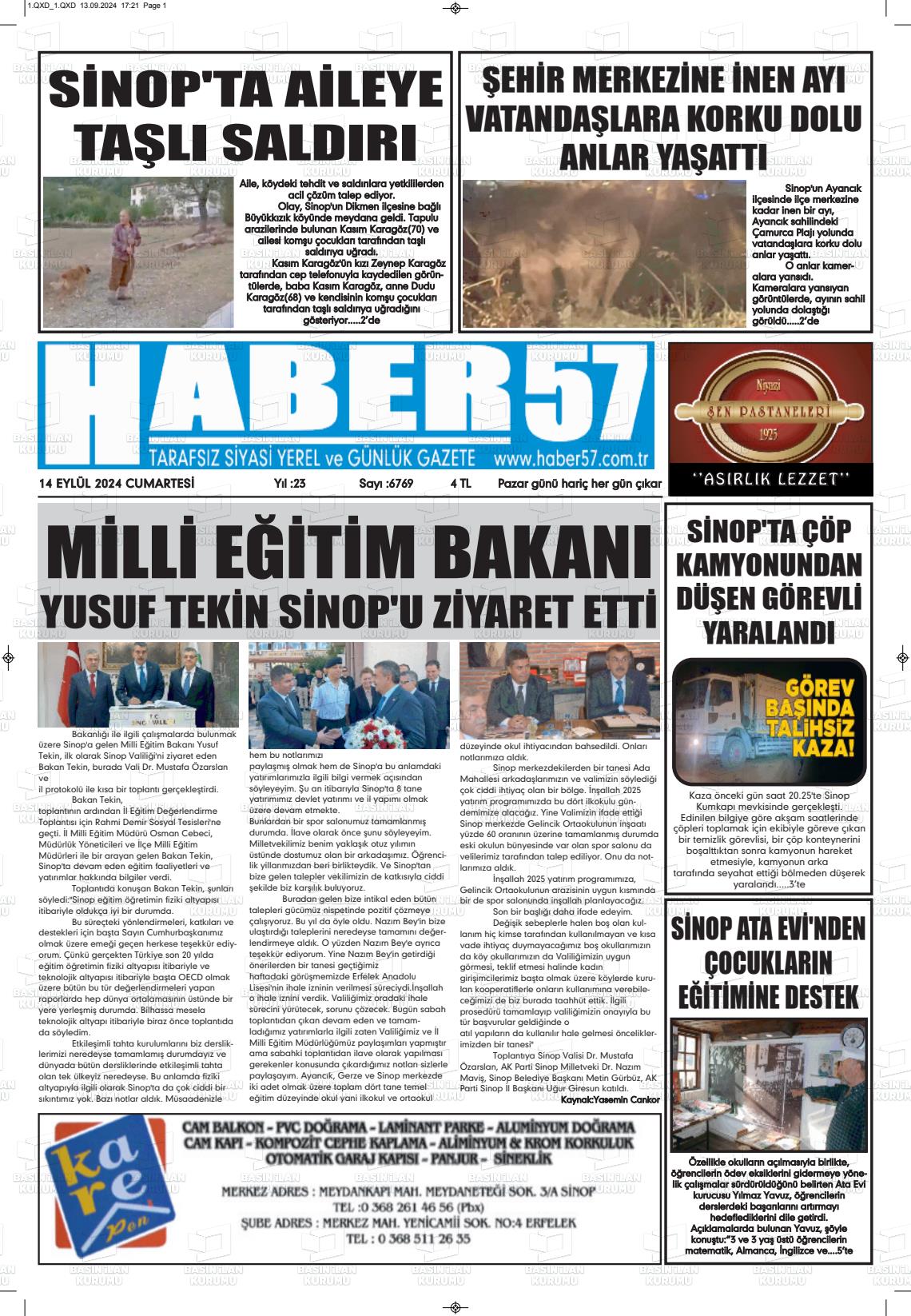 14 Eylül 2024 Haber 57 Gazete Manşeti