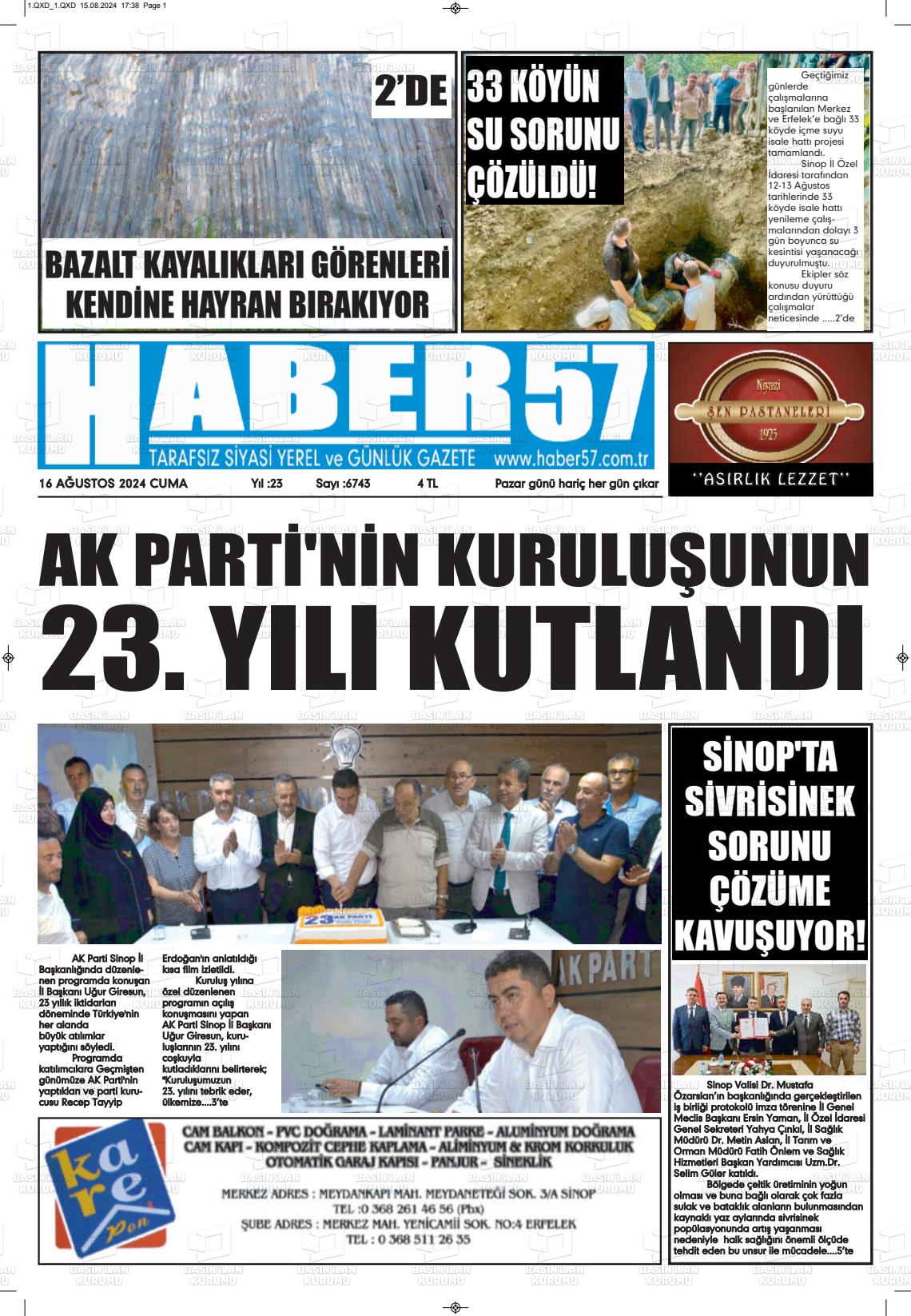 16 Ağustos 2024 Haber 57 Gazete Manşeti