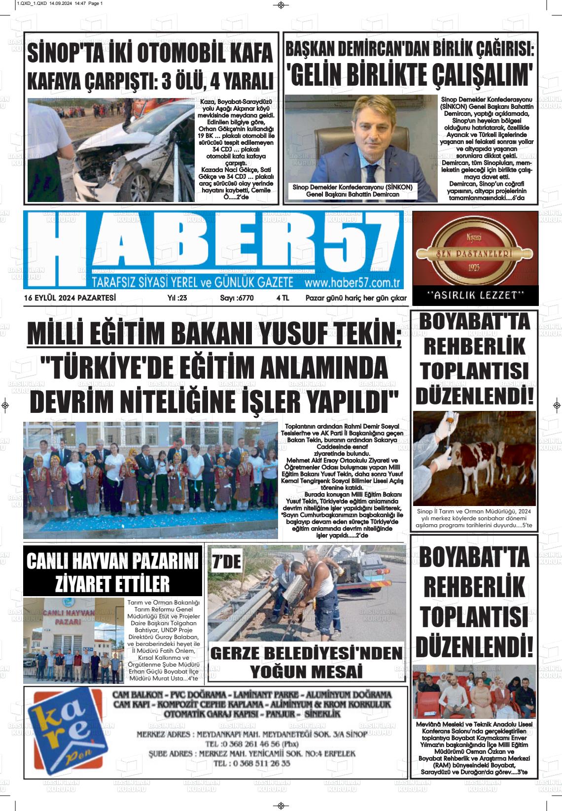 16 Eylül 2024 Haber 57 Gazete Manşeti