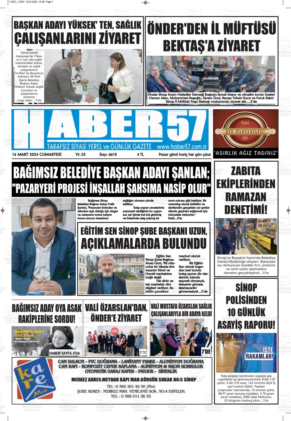 16 Mart 2024 Haber 57 Gazete Manşeti