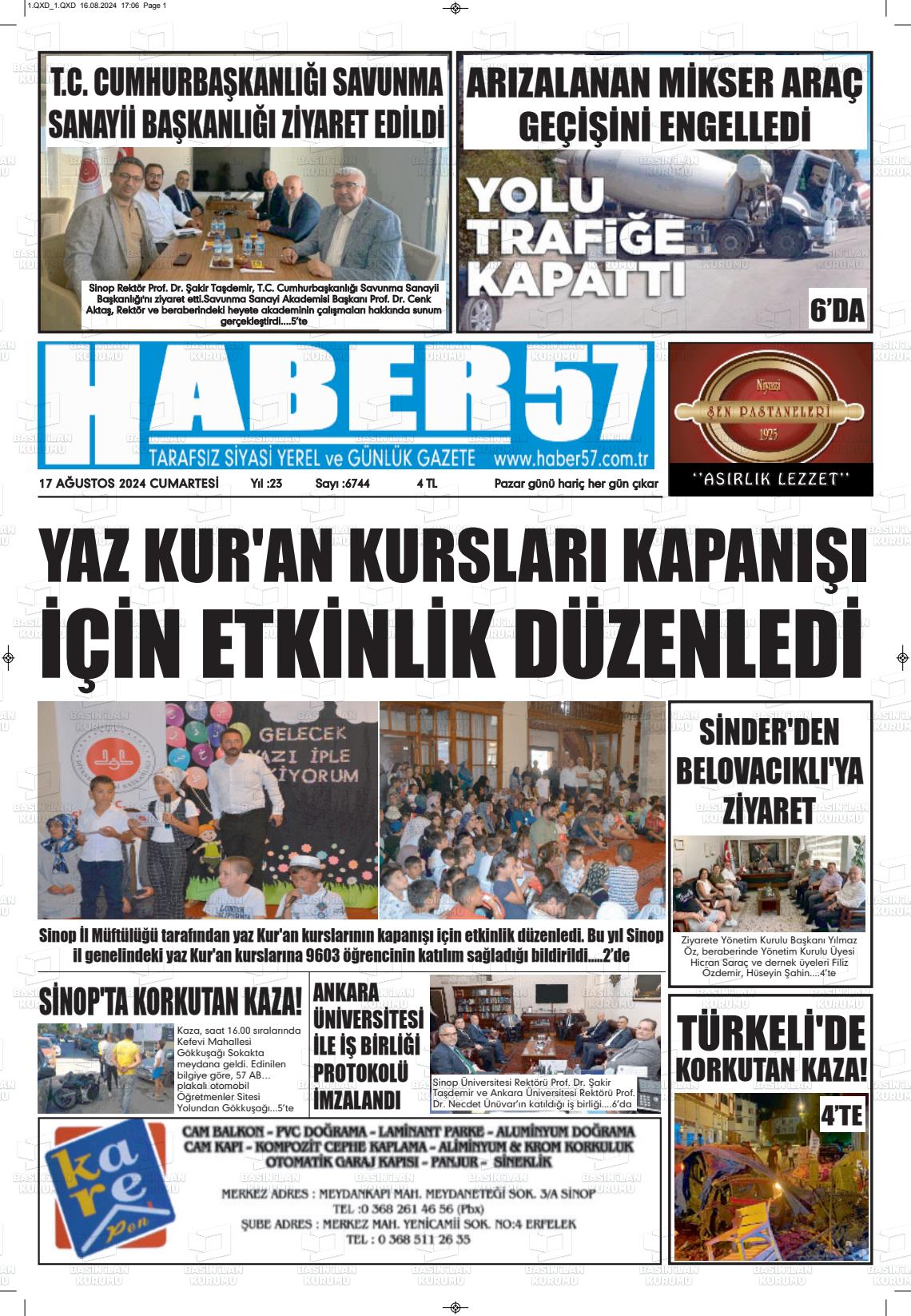 17 Ağustos 2024 Haber 57 Gazete Manşeti