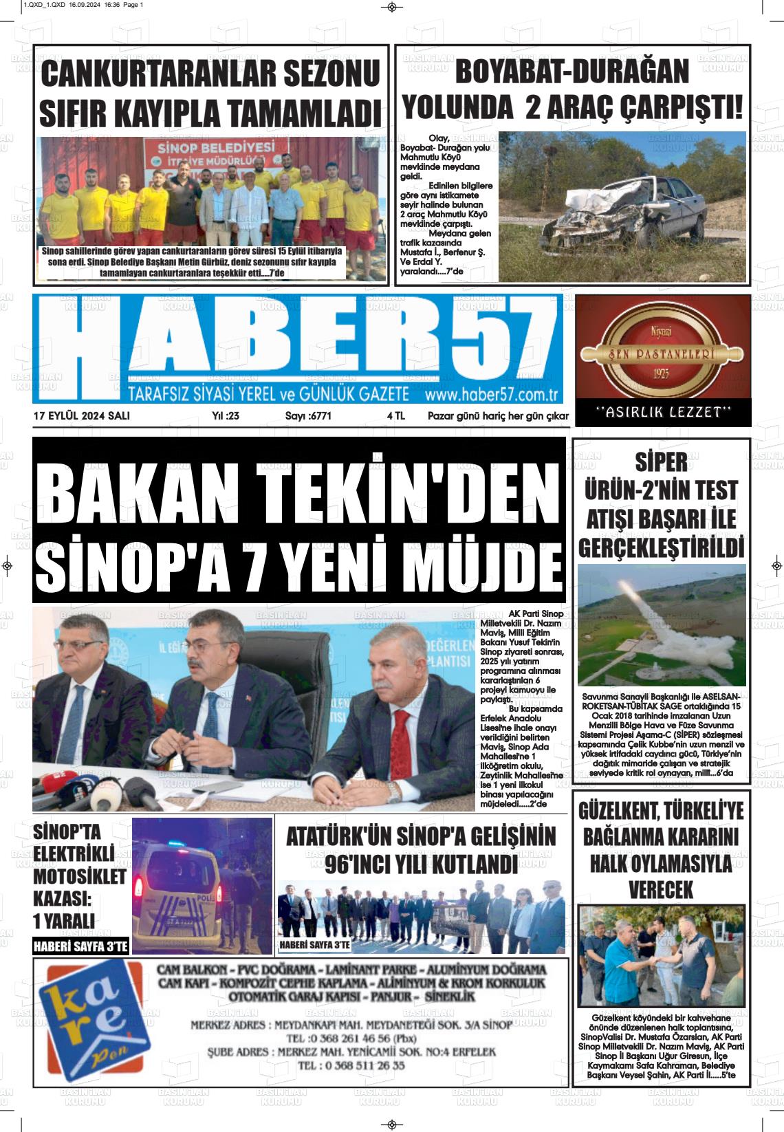 17 Eylül 2024 Haber 57 Gazete Manşeti