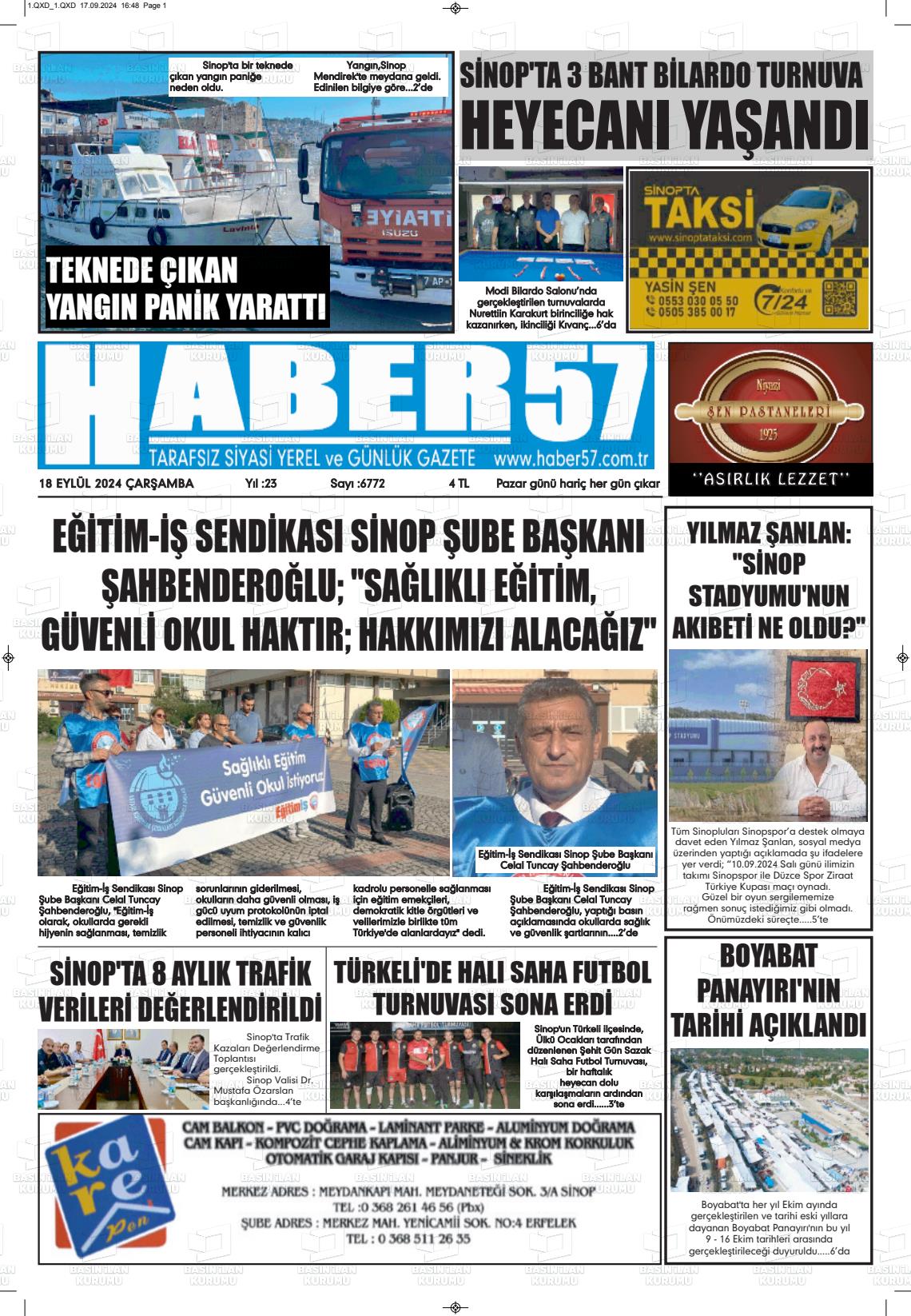 18 Eylül 2024 Haber 57 Gazete Manşeti