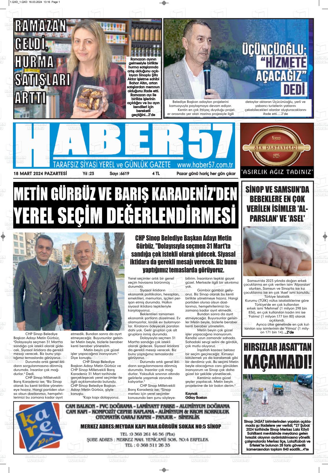 18 Mart 2024 Haber 57 Gazete Manşeti