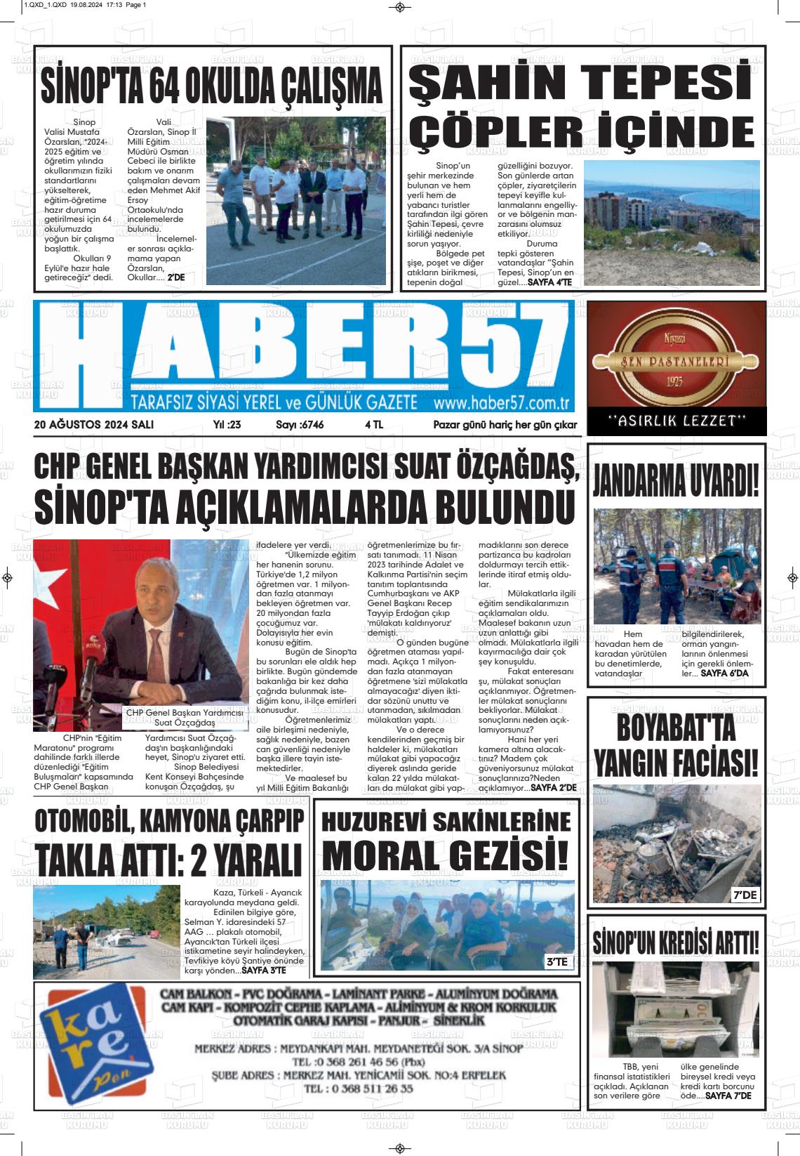 20 Ağustos 2024 Haber 57 Gazete Manşeti