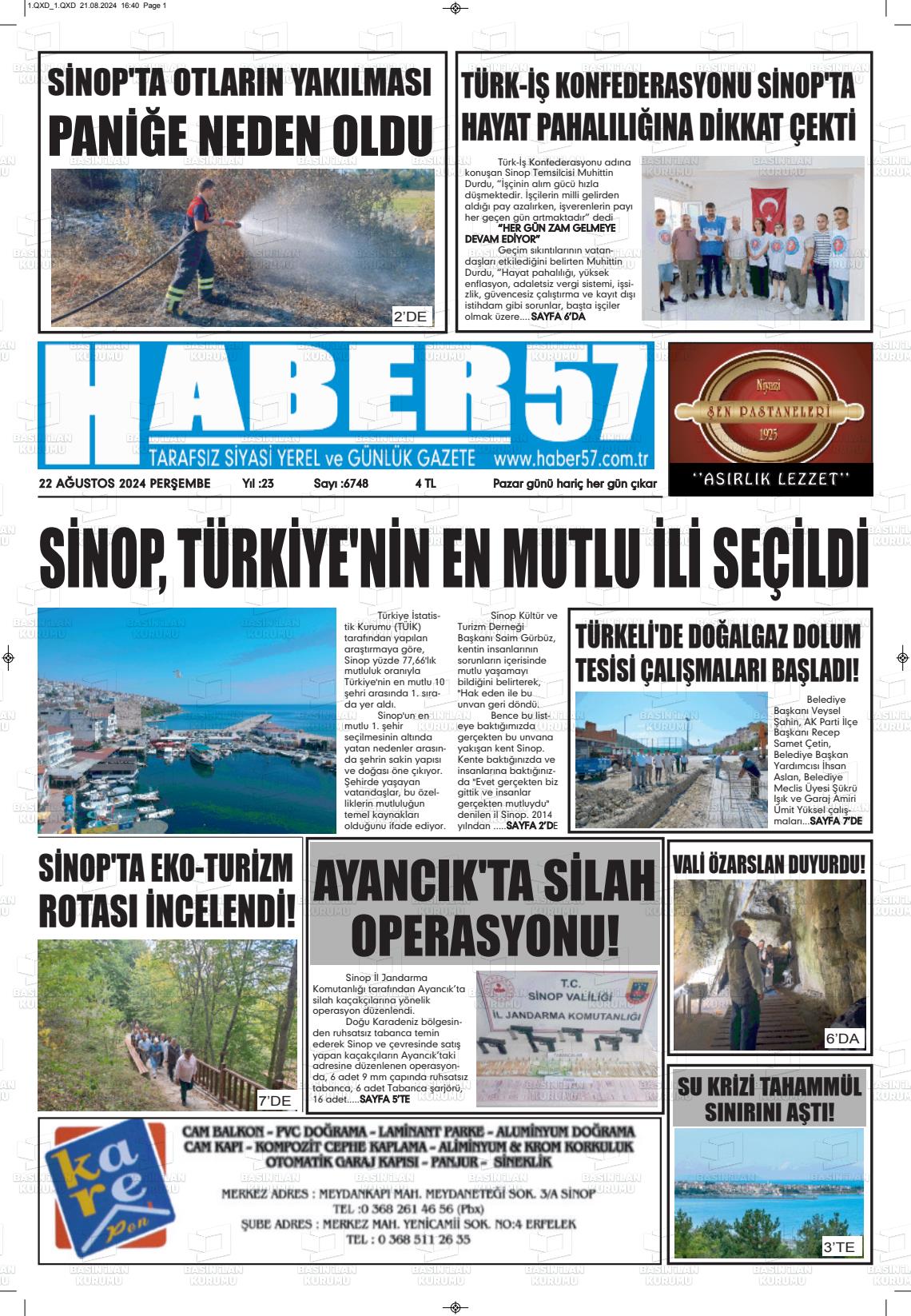 22 Ağustos 2024 Haber 57 Gazete Manşeti