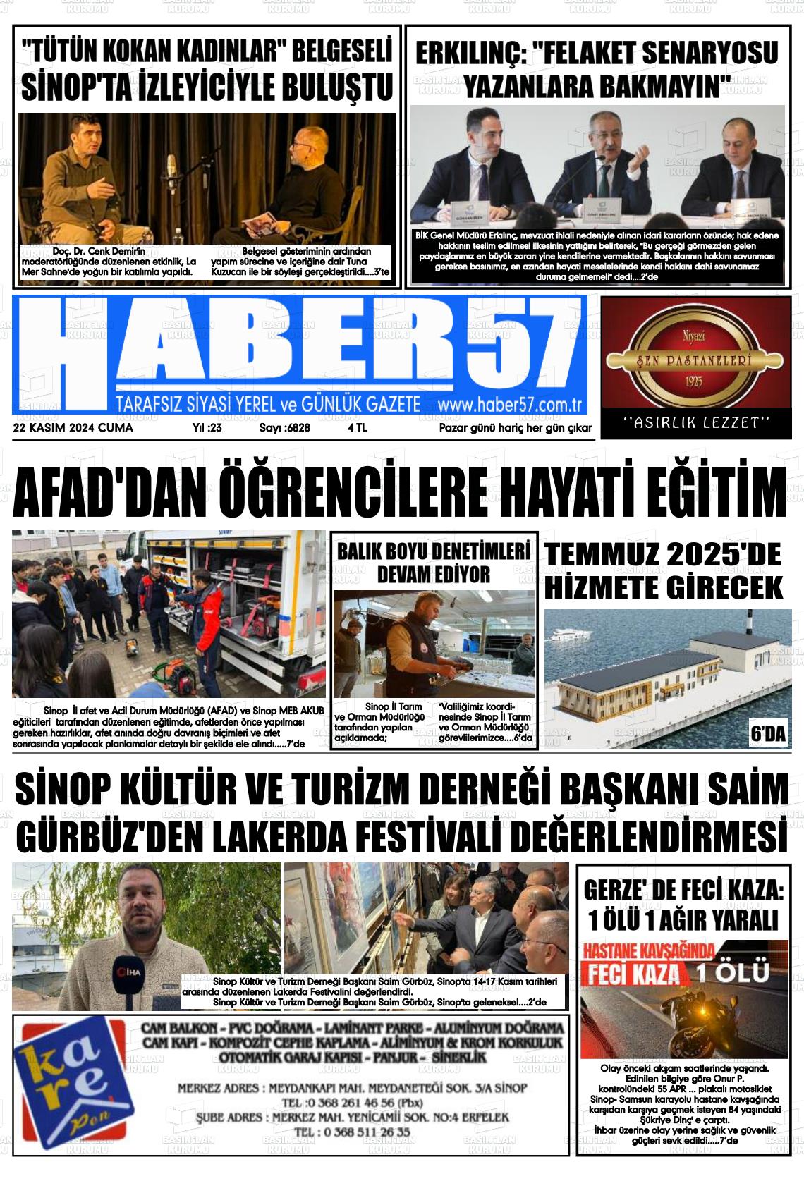 22 Kasım 2024 Haber 57 Gazete Manşeti