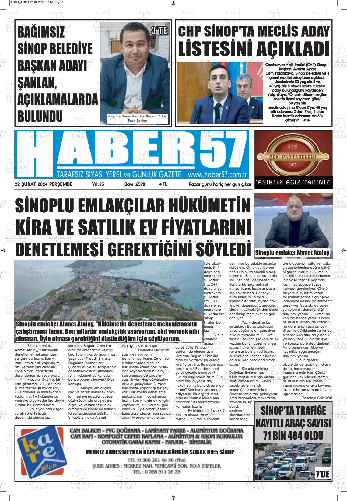 22 Şubat 2024 Haber 57 Gazete Manşeti