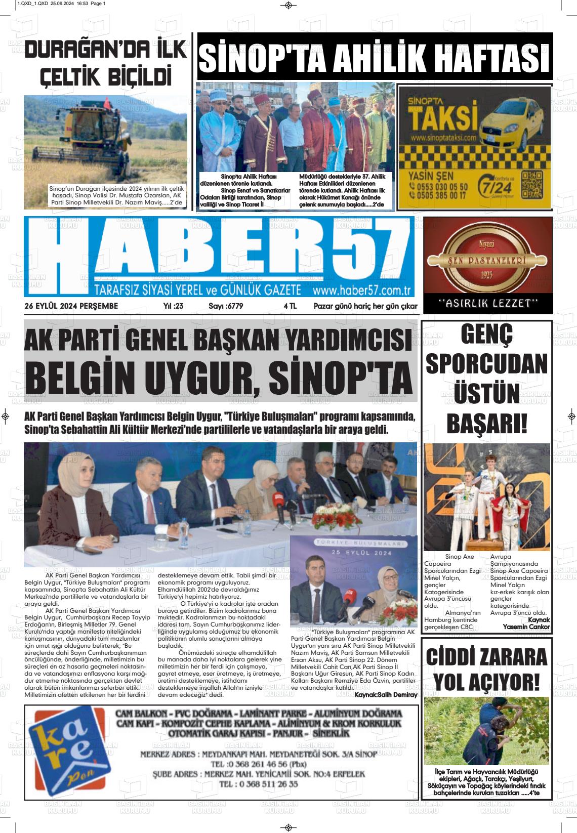 26 Eylül 2024 Haber 57 Gazete Manşeti