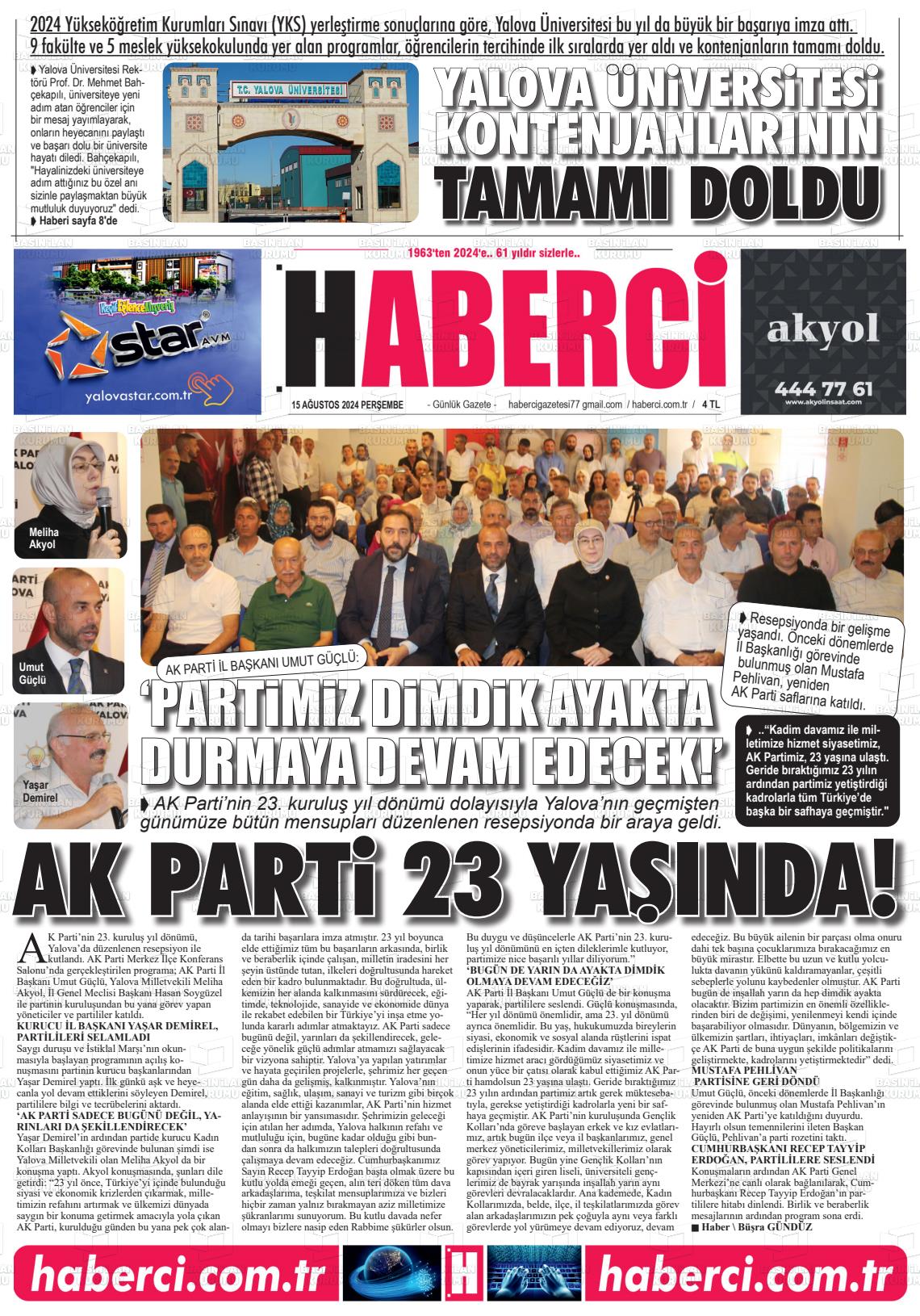 15 Ağustos 2024 Haberci Gazete Manşeti