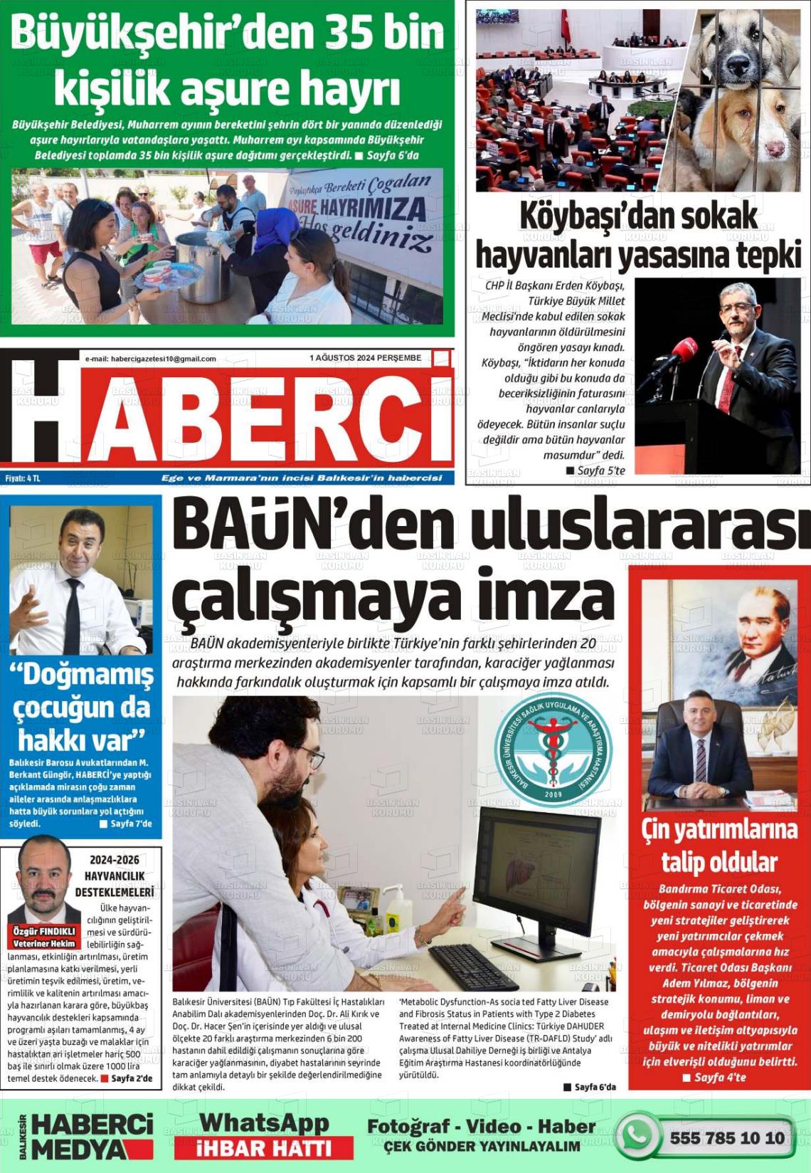 01 Ağustos 2024 Balıkesir Haberci Gazete Manşeti