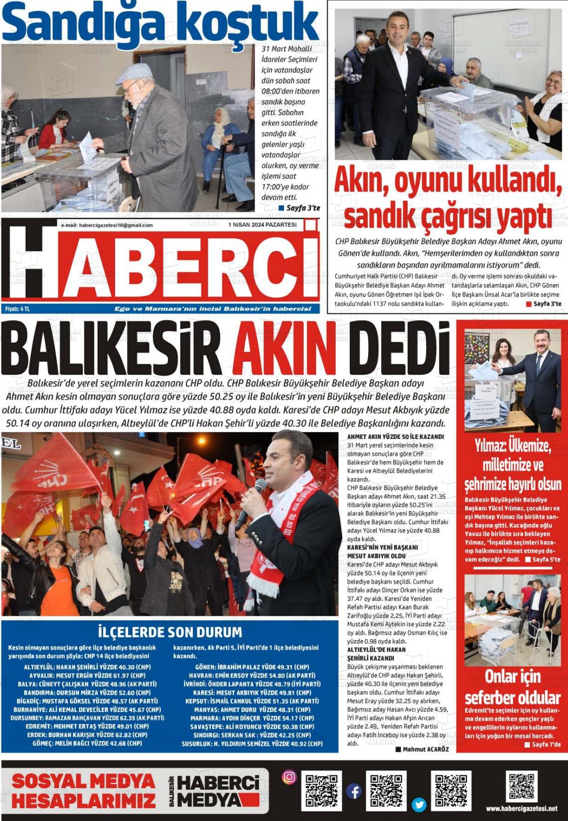 01 Nisan 2024 Balıkesir Haberci Gazete Manşeti