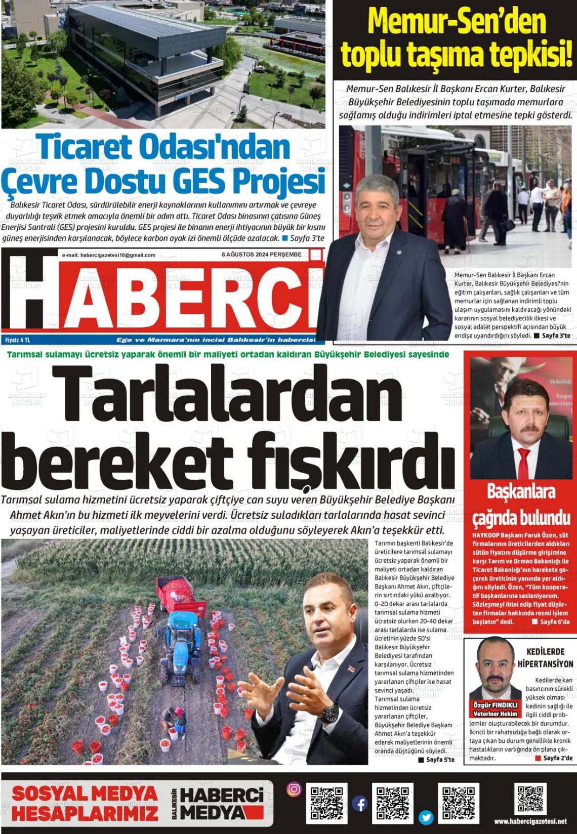 08 Ağustos 2024 Balıkesir Haberci Gazete Manşeti