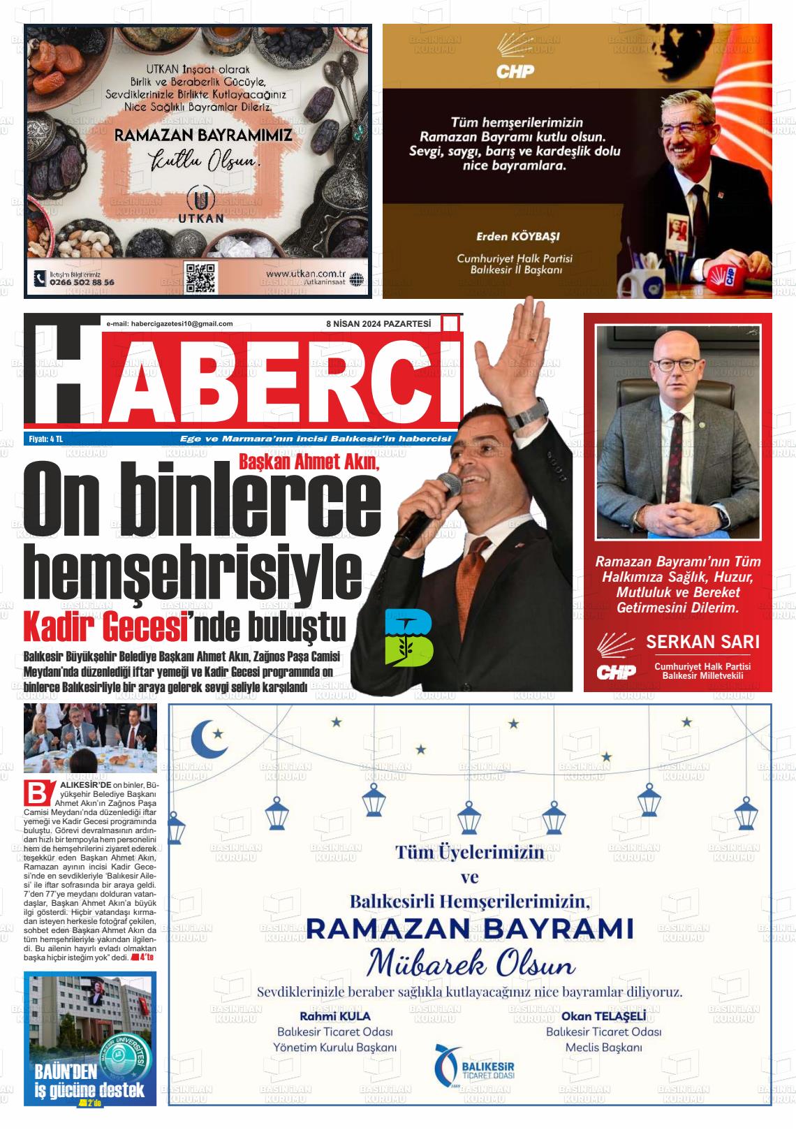 08 Nisan 2024 Balıkesir Haberci Gazete Manşeti