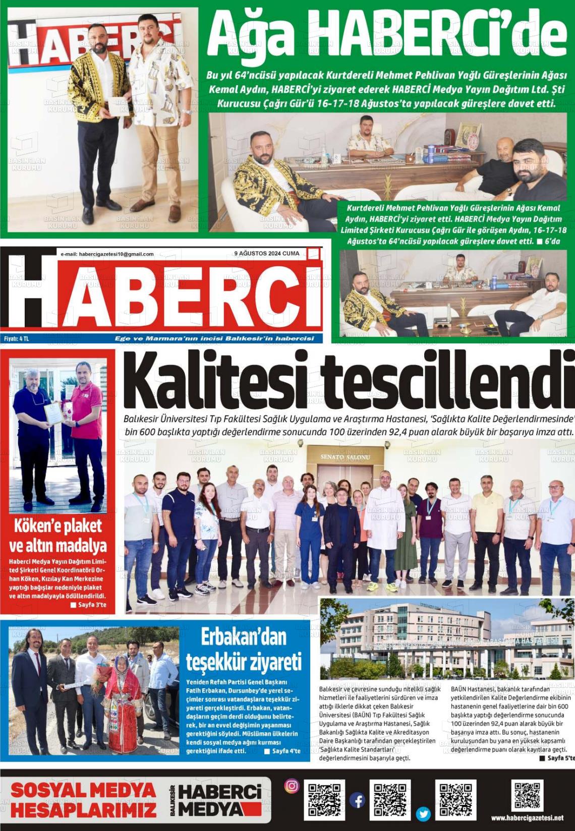 09 Ağustos 2024 Balıkesir Haberci Gazete Manşeti