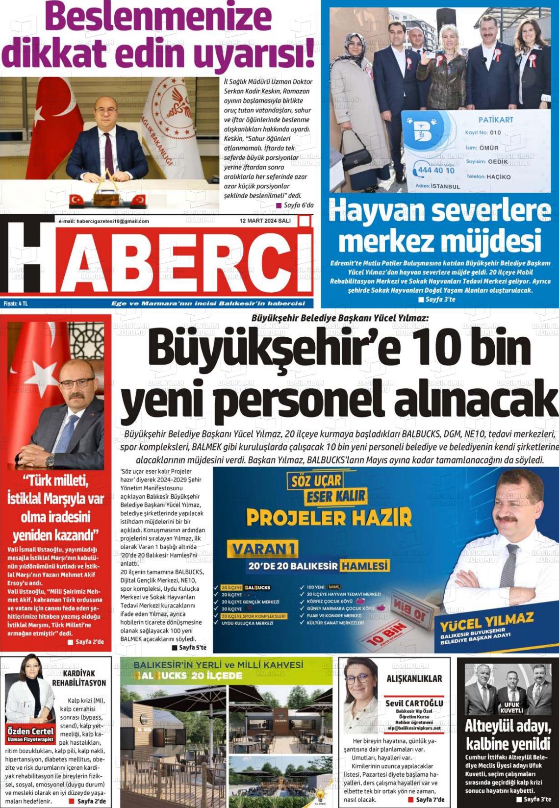 12 Mart 2024 Balıkesir Haberci Gazete Manşeti