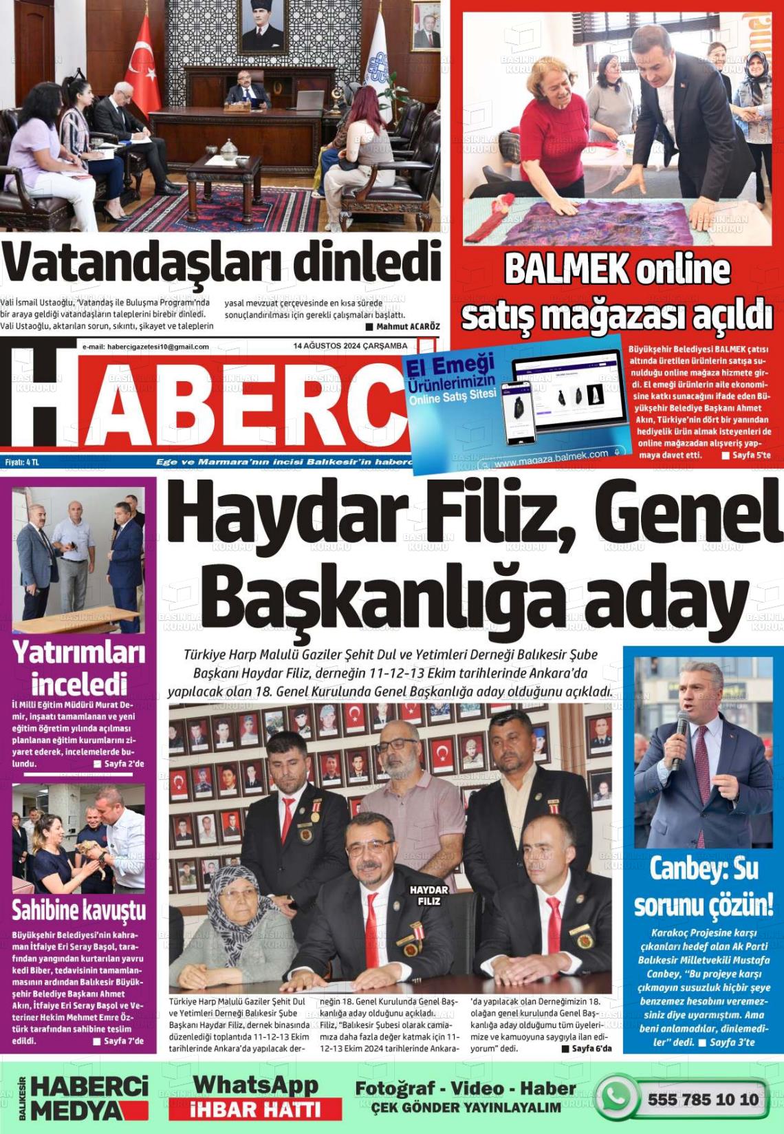 14 Ağustos 2024 Balıkesir Haberci Gazete Manşeti