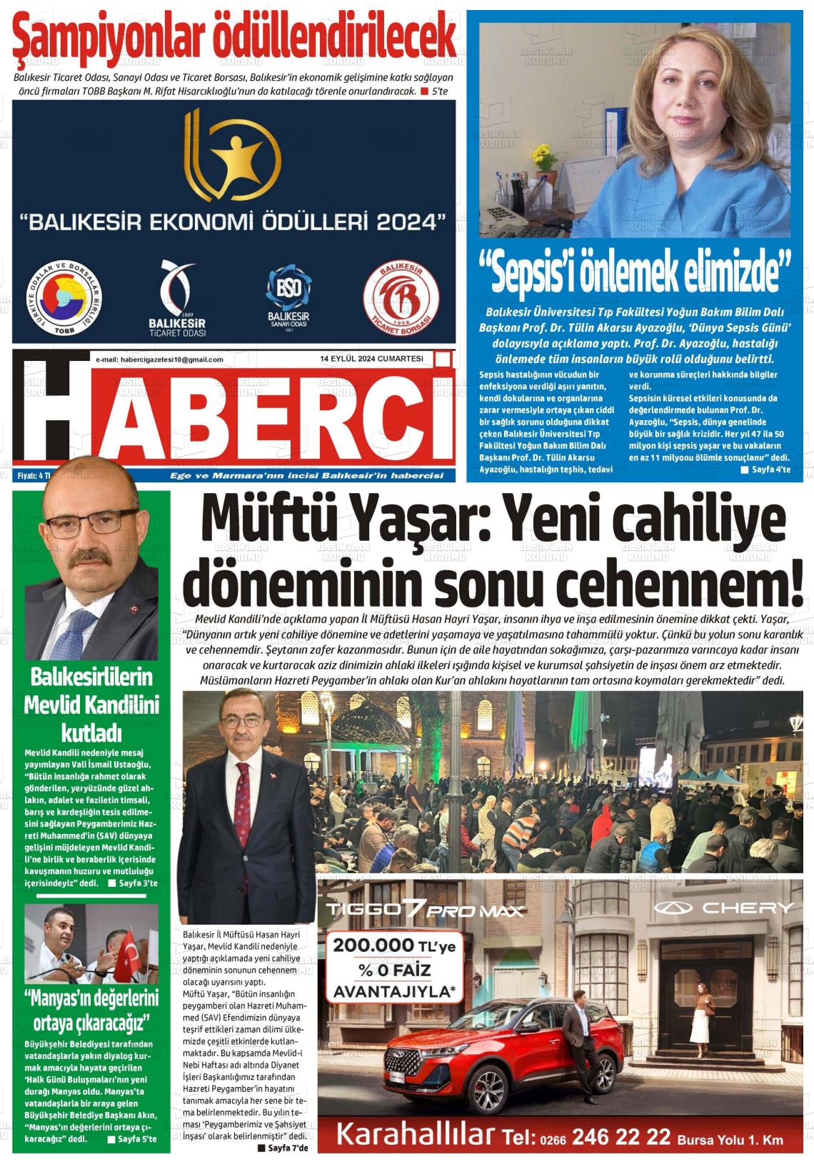 14 Eylül 2024 Balıkesir Haberci Gazete Manşeti