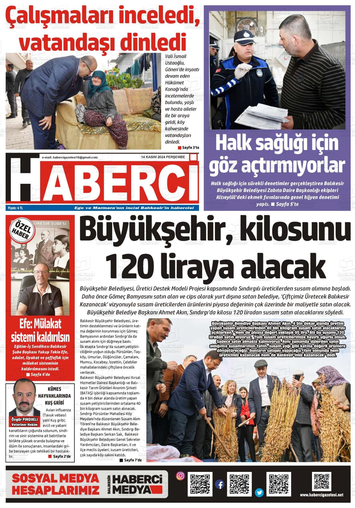 14 Kasım 2024 Balıkesir Haberci Gazete Manşeti