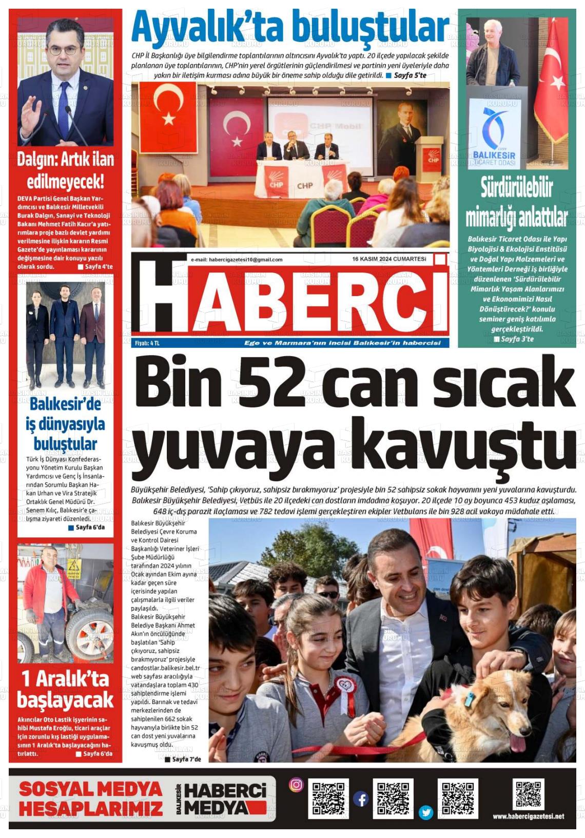 16 Kasım 2024 Balıkesir Haberci Gazete Manşeti