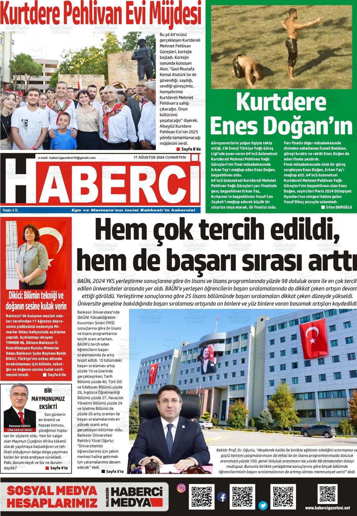 19 Ağustos 2024 Balıkesir Haberci Gazete Manşeti