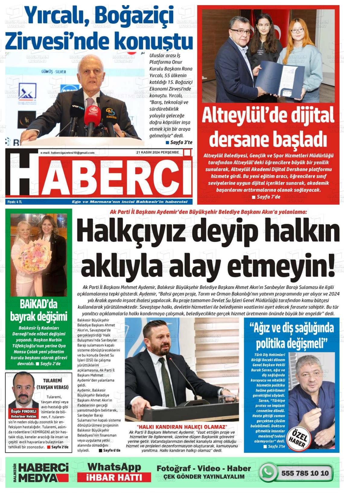 21 Kasım 2024 Balıkesir Haberci Gazete Manşeti