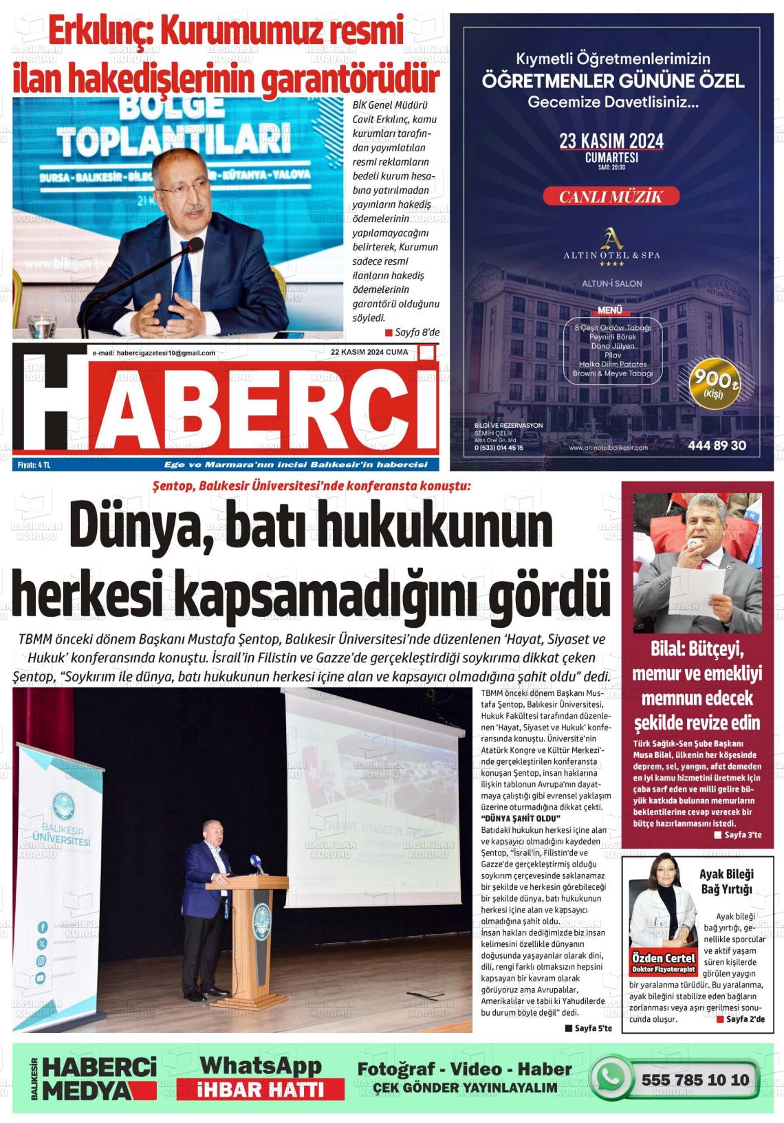 22 Kasım 2024 Balıkesir Haberci Gazete Manşeti