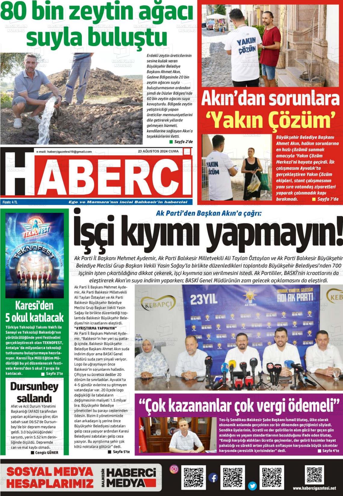 23 Ağustos 2024 Balıkesir Haberci Gazete Manşeti