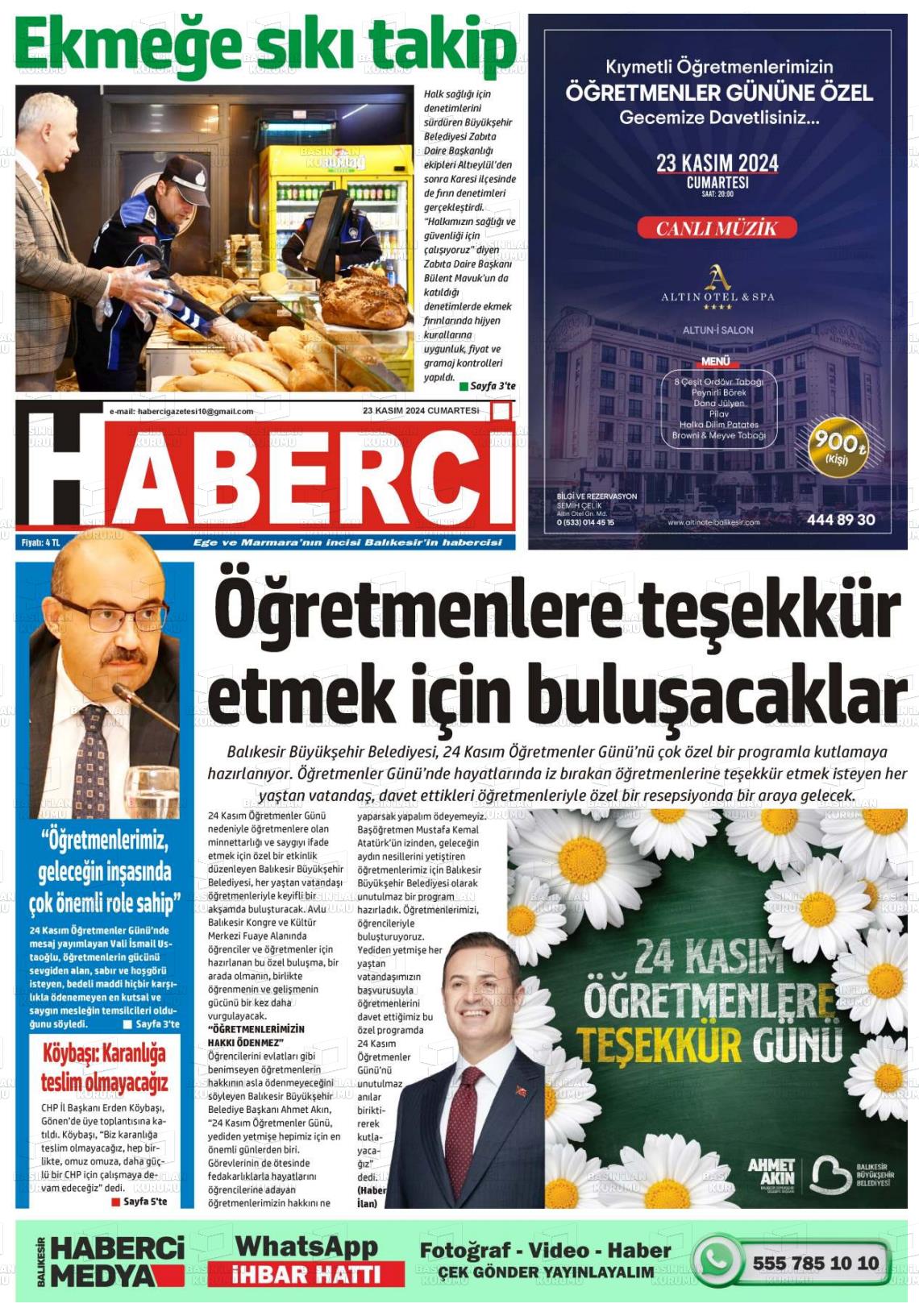 23 Kasım 2024 Balıkesir Haberci Gazete Manşeti