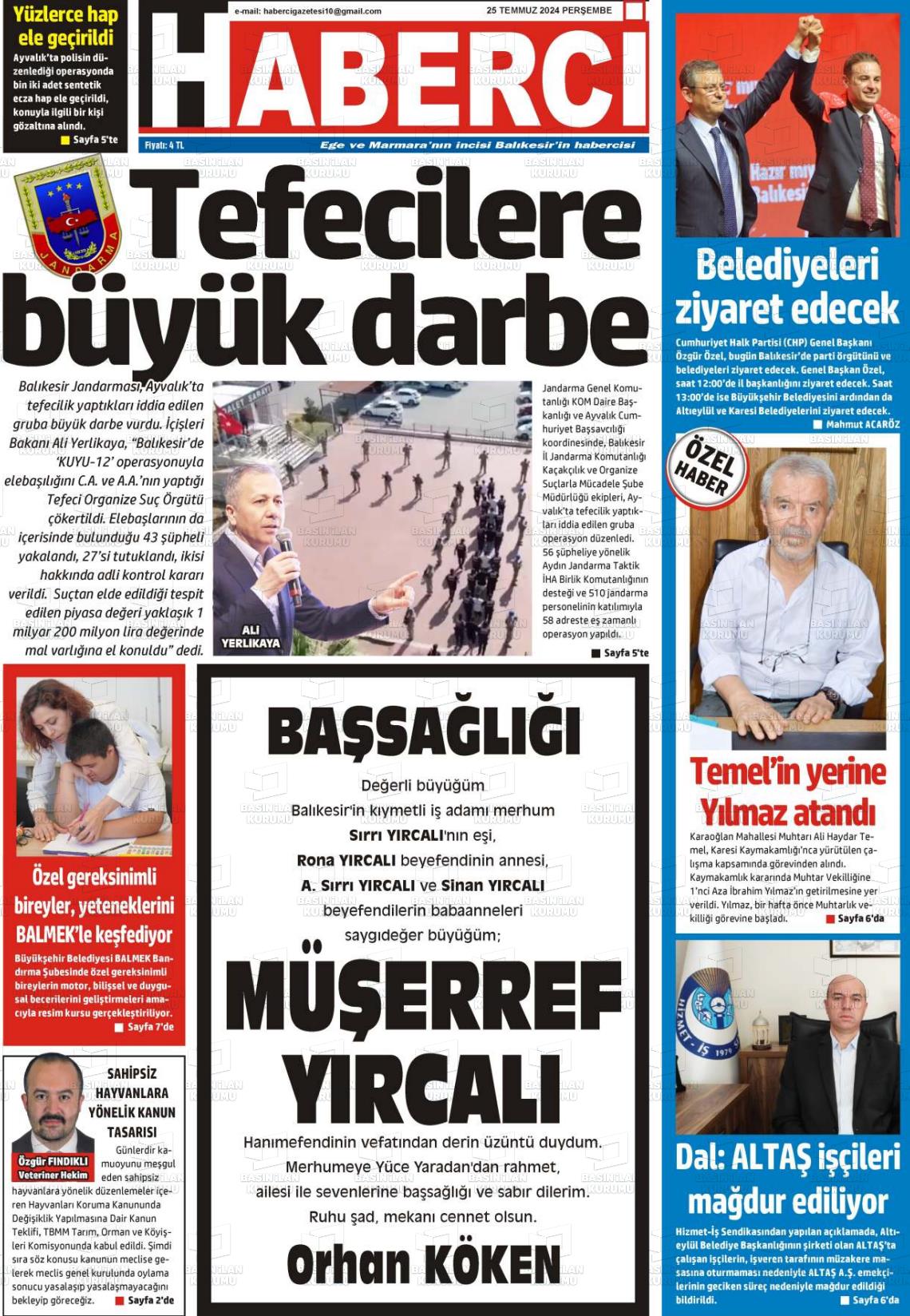 25 Temmuz 2024 Balıkesir Haberci Gazete Manşeti