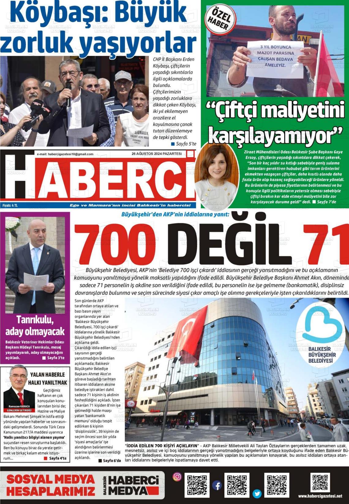 26 Ağustos 2024 Balıkesir Haberci Gazete Manşeti