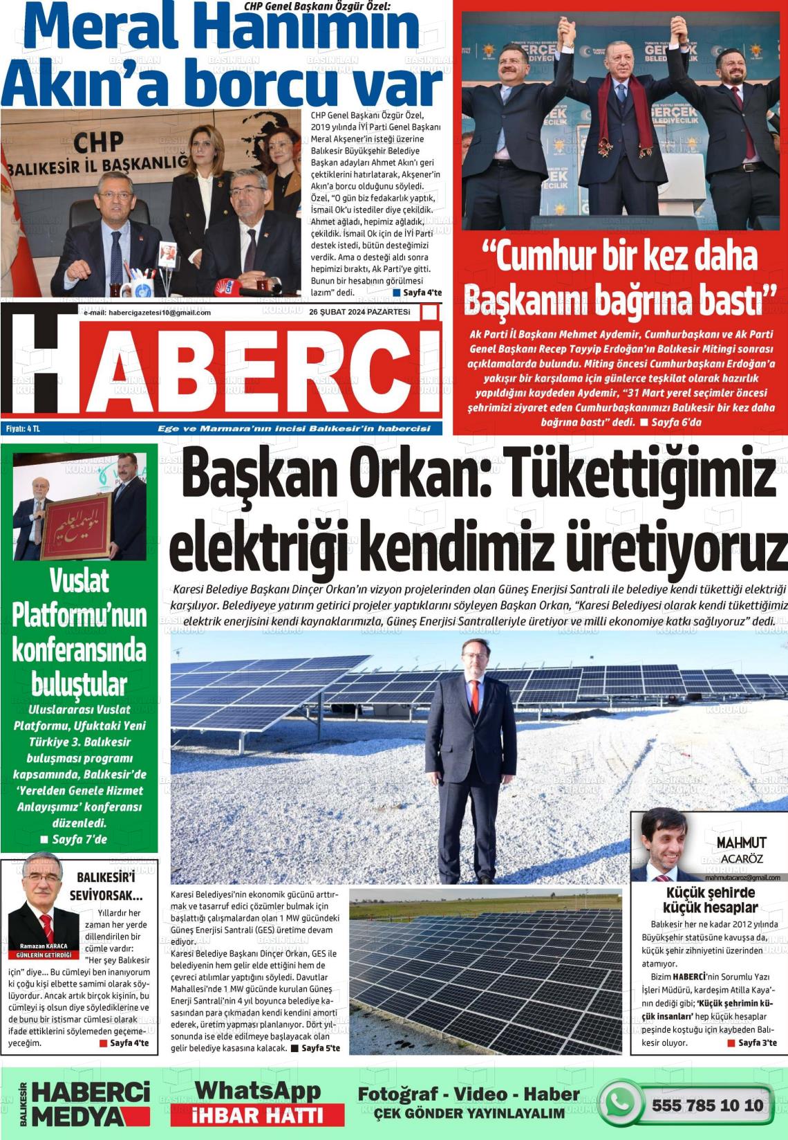 26 Şubat 2024 Balıkesir Haberci Gazete Manşeti