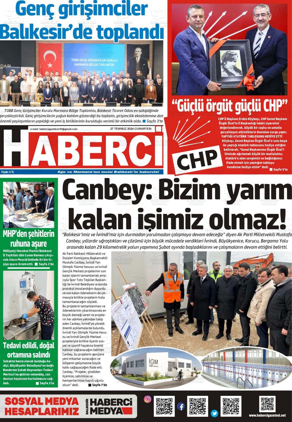 27 Temmuz 2024 Balıkesir Haberci Gazete Manşeti