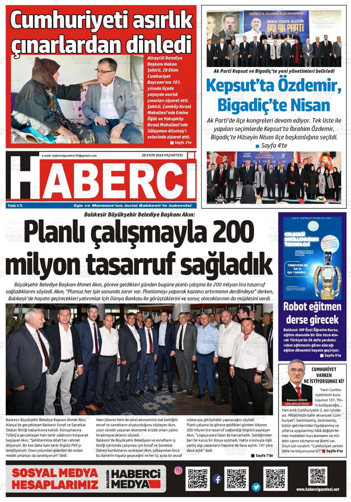 28 Ekim 2024 Balıkesir Haberci Gazete Manşeti