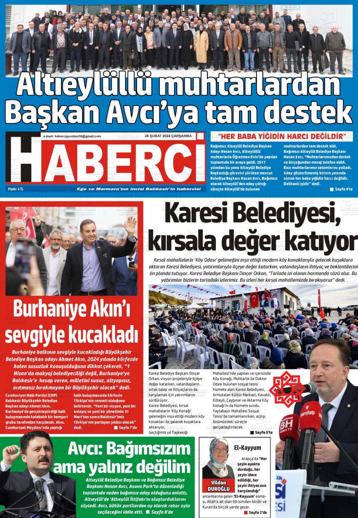 28 Şubat 2024 Balıkesir Haberci Gazete Manşeti